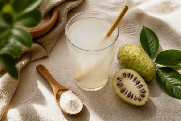 Glas mit angerührtem NUI NONI Upgrade Vital, Holzlöffel mit Pulver sowie frische und aufgeschnittene Noni-Frucht