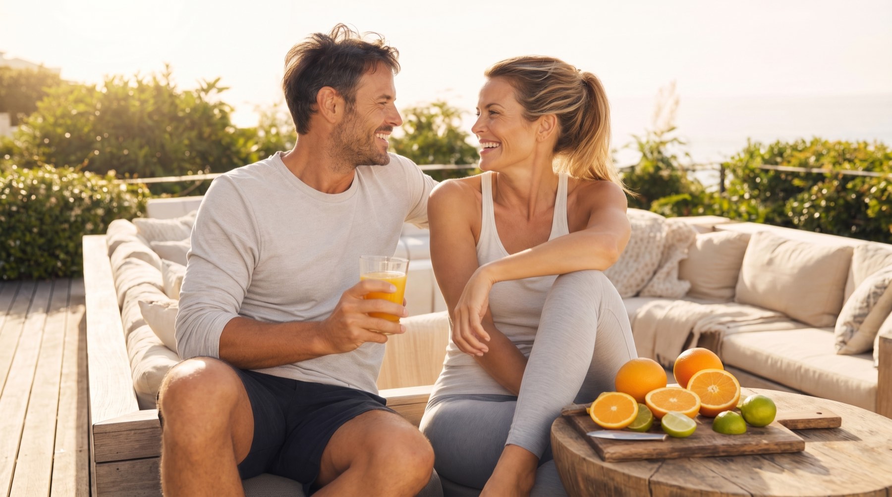 Lächelndes Paar entspannt im Freien mit frisch gepresstem Orangensaft und Zitrusfrüchten — Immunsystem-Routine