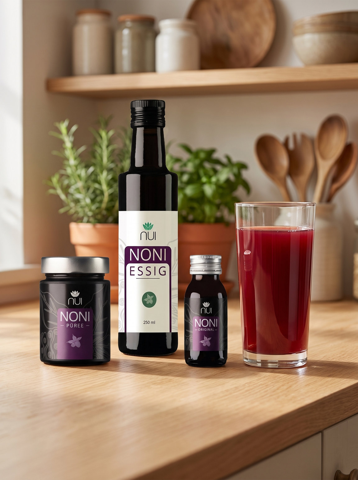 NUI NONI Essig, NUI NONI Püree und NUI NONI Original Shot auf einer Küchenarbeitsplatte, daneben ein Glas Noni-Direktsaft