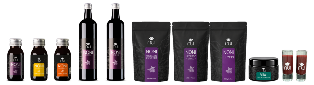 NUI starter package: shots, NONI Original, three powder pouches, repair balm and glasses